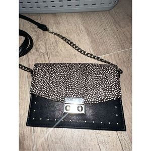 Express Cross Body Purse Black Leather Silver Accents Dalmatian Print